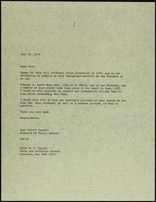 Jane Scholl Farrell to First M. E. Church Letter, July 26, 1971