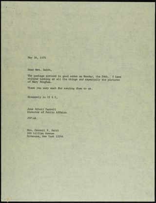 Jane Scholl Farrell to Mrs. Smith Letter, May 26, 1971