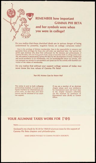 Remember How Important Gamma Phi Beta and Her Symbols Were When You Were In College Flier, 1960s