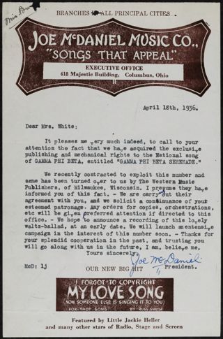 Joe McDaniel to Mrs. White Letter, April 18, 1936