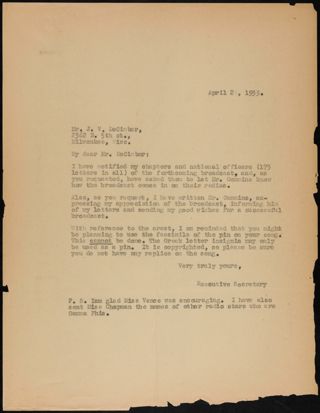 Executive Secretary to Mr. DeCimber Letter, April 21, 1933