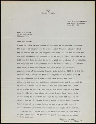 Marie J. Murphy to Mrs. White Letter, October 26, 1933