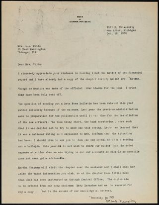 Marie Murphy to Mrs. White Letter, October 18, 1933