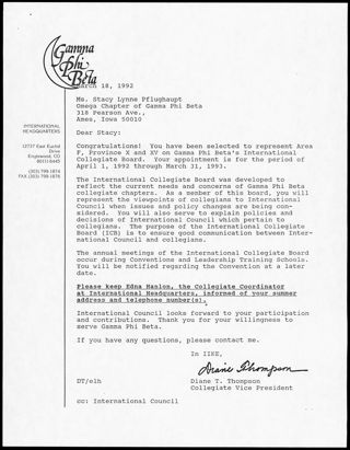 Diane T. Thompson to Stacy Libby Letter, March 18, 1992