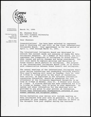 Joey L. Stiver to Shannon Letter, March 30, 1990