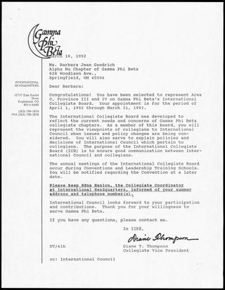 Diane T. Thompson to Barbara Letter, March 18, 1992