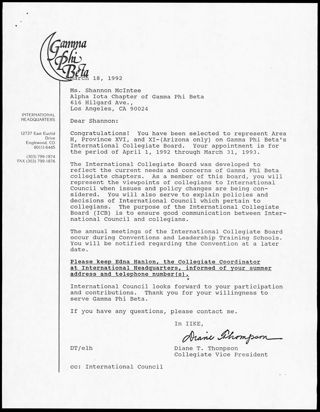 Diane T. Thompson to Shannon McIntee Letter, March 18, 1992