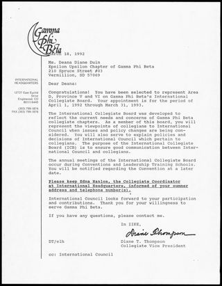 Diane T. Thompson to Deana Fuller Letter, March 18, 1992