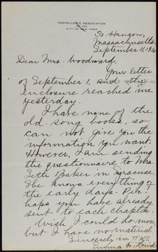 Emma F. Lowd to Mrs. Woodward Letter, September 11, 1930