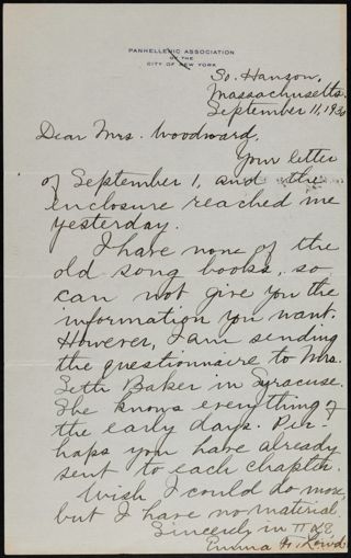 Emma F. Lowd to Mrs. Woodward Letter, September 11, 1930