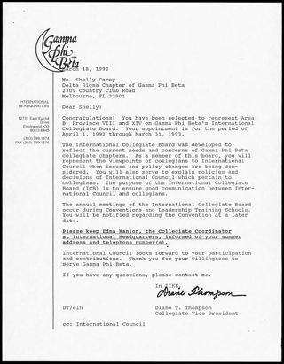 Diane T. Thompson to Shelly Letter, March 18, 1992