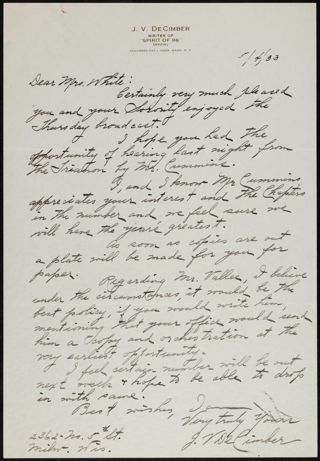 J.V. DeCimber to Mrs. White Letter, May 4, 1933