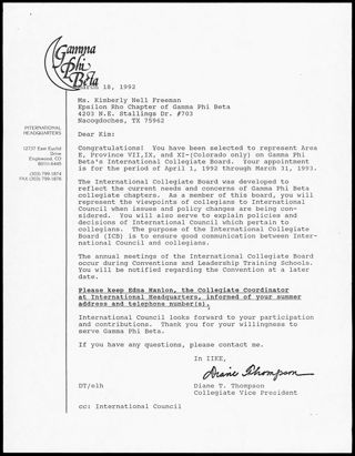 Diane T. Thompson to Kim Freeman Letter, March 18, 1992