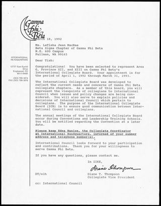 Diane T. Thompson to Tish Newcomer Letter, March 18, 1992