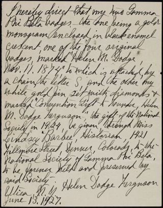 Helen Dodge Ferguson to Unknown Letter, June 13, 1927