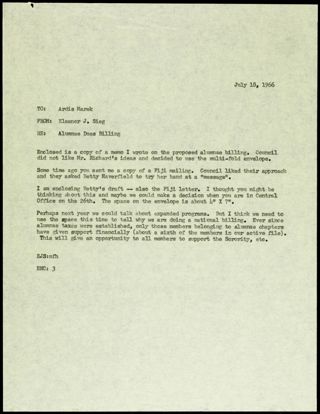 Eleanor J. Sieg to Ardis Marek Memo, July 18, 1966