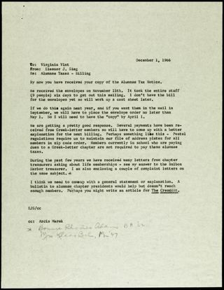 Eleanor J. Sieg to Virginia Vint Memo, December 1, 1966