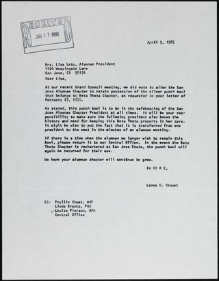 Leona D. Drouet to Lisa Leto Letter, April 9, 1985