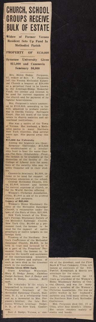 Church, School Groups Receive Bulk of Estate Newspaper Clipping, c. 1937