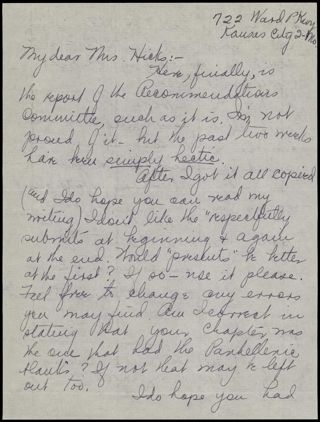 Anna Katherine Rinehart to Mrs. Hicks Letter