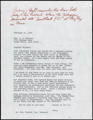 Betty Haverfield to Mildred Wallace Letter, February 17, 1974
