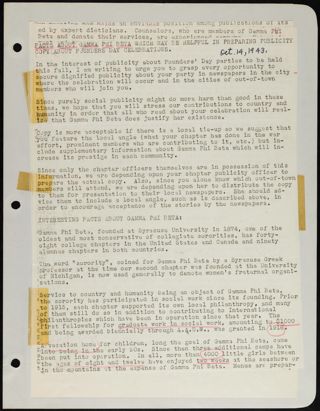 Facts About Gamma Phi Beta Which May Be Helpful in Preparing Publicity Copy About Founders Day Celebrations, October 14, 1943