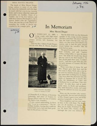 In Memoriam Mira Haven Draper Magazine Clipping, February 1936