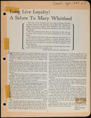 Long Live Loyalty! A Salute To Mary Whitford Magazine Clipping, September 1948