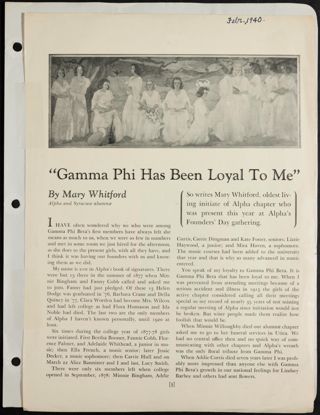 "Gamma Phi Has Been Loyal to Me" Magazine Clipping, February 1940