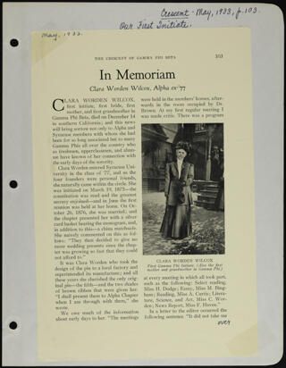 In Memoriam Clara Worden Wilcox, Alpha Ex-77 Magazine Clipping, May 1933