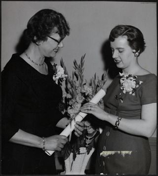 Cynthia Smith Receiving Charter From Mrs. C.J. Olsen Photograph, February 21, 1959
