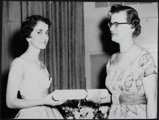 Shirley K. Wilson and Mrs. C.J. Olsen With Alpha Pi Chapter Charter Photograph, February 28, 1959