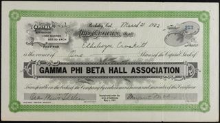 Gamma Phi Beta Hall Association Stock Certificate, March 25, 1922