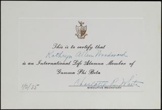 Kathryn Allen Woodward International Life Alumna Member Card, January 2, 1935