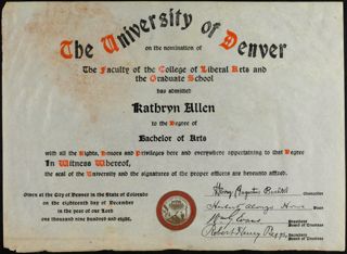 Kathryn Allen Bachelor of Arts Diploma, December 18, 1908