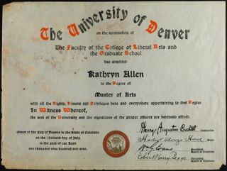 Kathryn Allen Master of Arts Diploma, July 30, 1909