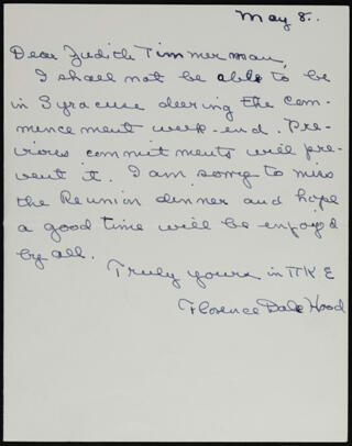 Florence Dale Hood to Judith Timmerman Letter, May 8, 1960