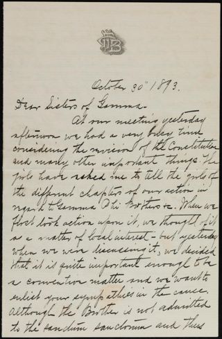 Grace Louise Collins to Sisters of Gamma Letter, October 30, 1893