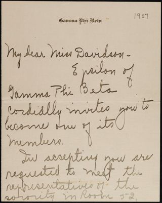 Epsilon Chapter to Miss Davidson Letter, October 1907