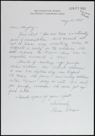Elinor Rose to Marjory Letter, May 28, 1995