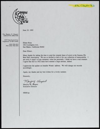 Marjory Shupert to Elinor Letter, June 19, 1995