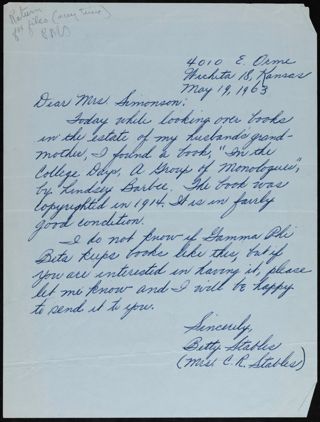 Betty G. Kinney Stables to Mrs. Simonson Letter, May 19, 1963
