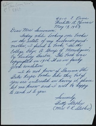 Betty G. Kinney Stables to Mrs. Simonson Letter, May 19, 1963