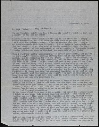 Penelope M. Simonson to Lindsey Letter, September 9, 1950