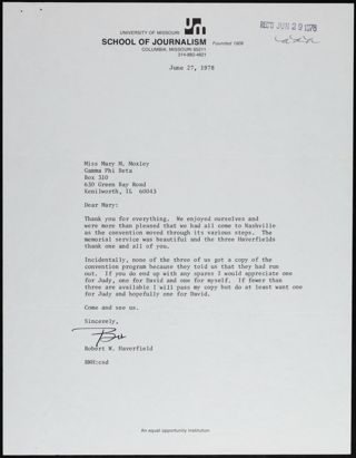 Robert W. Haverfield to Mary Letter, June 27, 1978