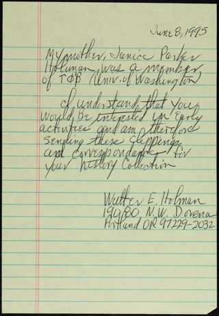 Walter E. Holman to Unknown Note, June 8, 1995