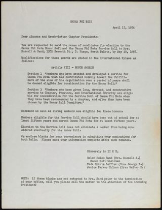 Sand, Leffler, and Holman to Alumnae and Greek-Letter Chapter Presidents Letter, April 17, 1956