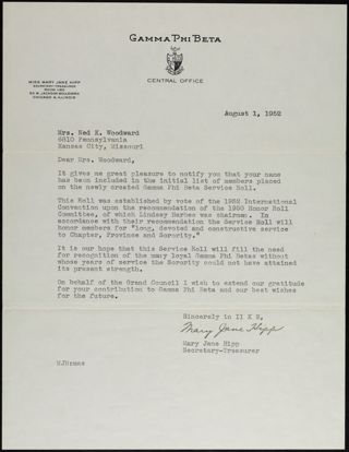 Mary Jane Hipp to Mrs. Woodward Letter, August 1, 1952