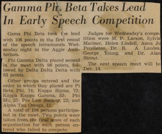 Gamma Phi Beta Takes Lead in Early Speech Competition Newspaper Clipping
