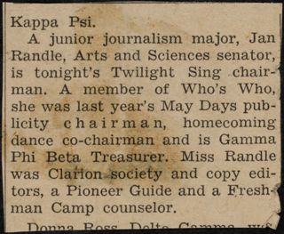A Junior Journalism Major, Jan Randle Newspaper Clipping, 1960